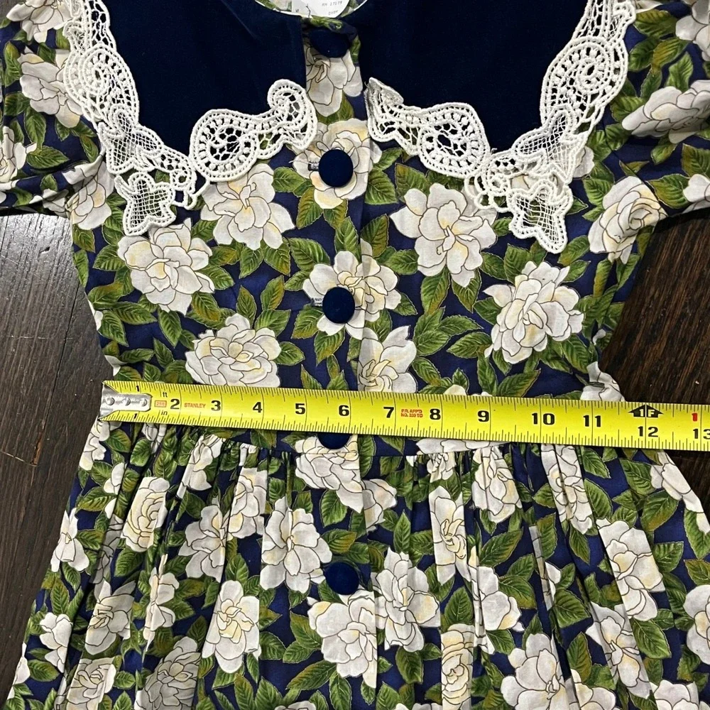 Bonnie Jean Dress Floral Velvet Navy Blue White Roses Lace Collar‎ Girls's 7
